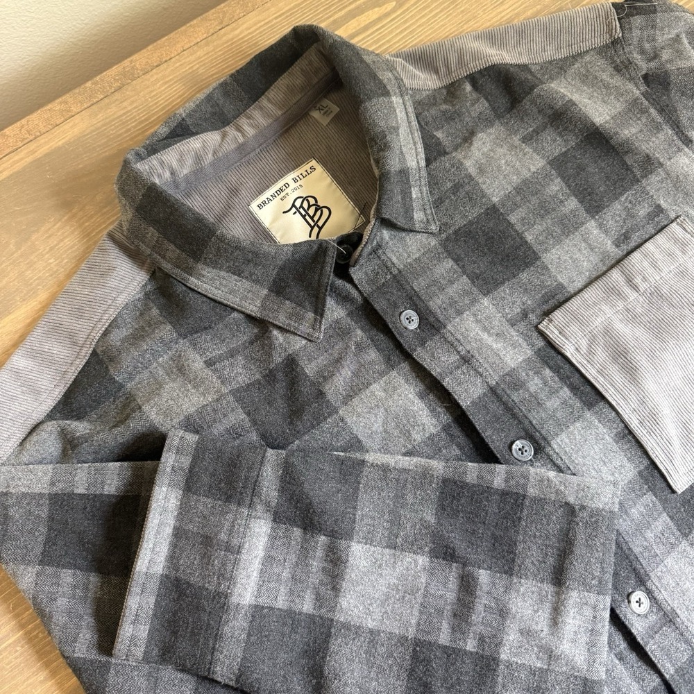 Branded Bills Men's XL Grey Flannel Corduroy Trim Long Sleeve Button Up Shirt